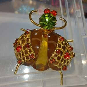 Vintage Insect Beetle Bug Rhinestone Brooch Pin Glass
